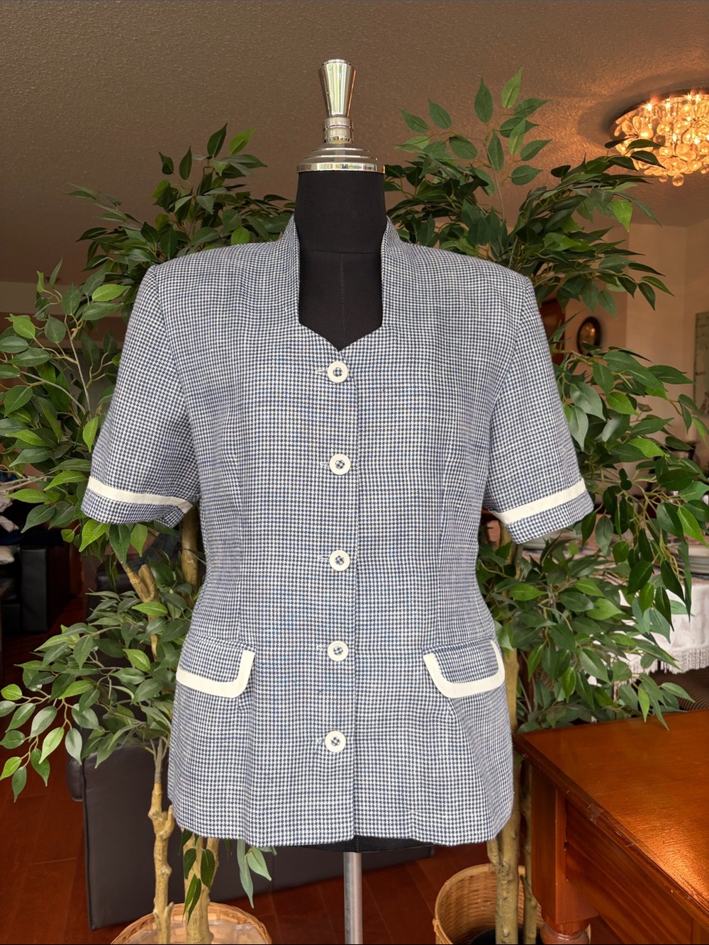 Vintage 80's Navy & White Jacket Short-Sleeve Houndstooth Checked Medium